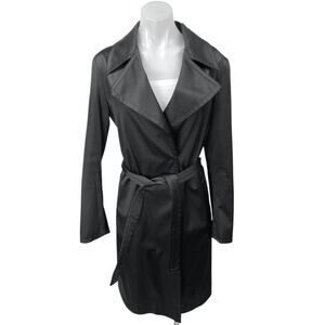 Zara Women's Black Faux Vegan Leather Belted Collar Trench Coat Rain Jacket Sz M